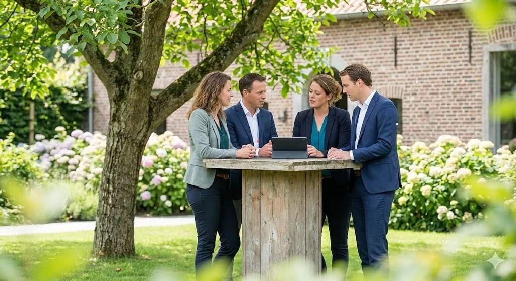4 mensen die vergaderen rond een tuintafeltje buiten